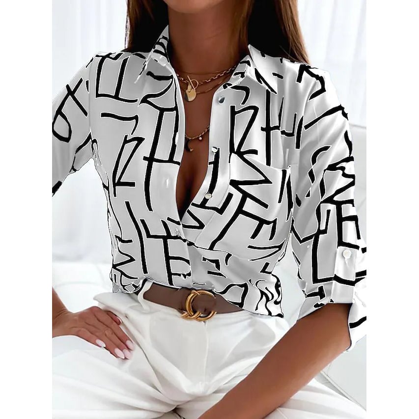 Womens Blouse Shirt Button Pocket Long Sleeve Image 4