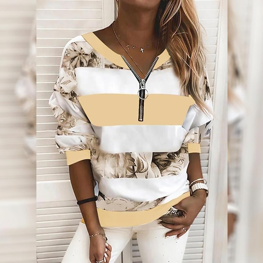 Womens Blouse Shirt Striped Color Block Long Sleeve Print V Neck Tops Image 1