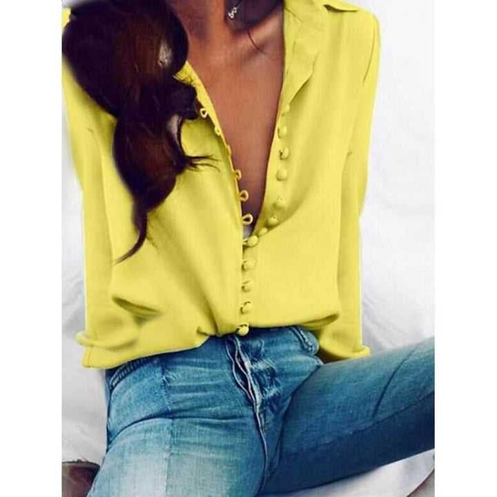 Womens Blouse Shirt Solid Colored Long Sleeve Button V Neck Basic Tops Image 1