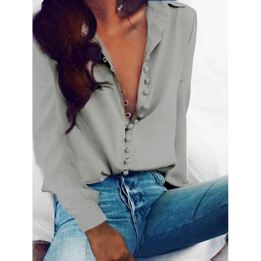 Womens Blouse Shirt Solid Colored Long Sleeve Button V Neck Basic Tops Image 2