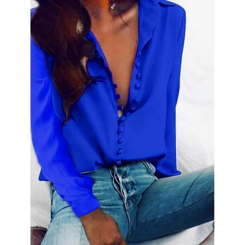 Womens Blouse Shirt Solid Colored Long Sleeve Button V Neck Basic Tops Image 3