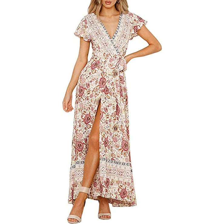 Womens Bohemian Floral Printed Wrap V Neck Maxi Dress Image 1