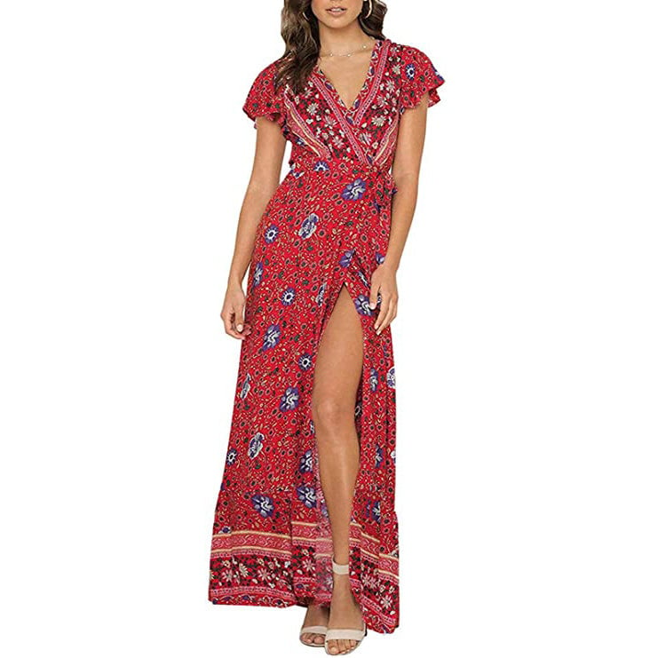 Womens Bohemian Floral Printed Wrap V Neck Maxi Dress Image 1