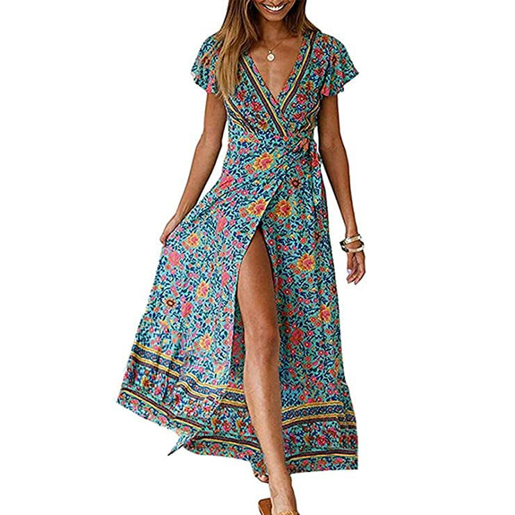 Womens Bohemian Floral Printed Wrap V Neck Maxi Dress Image 1