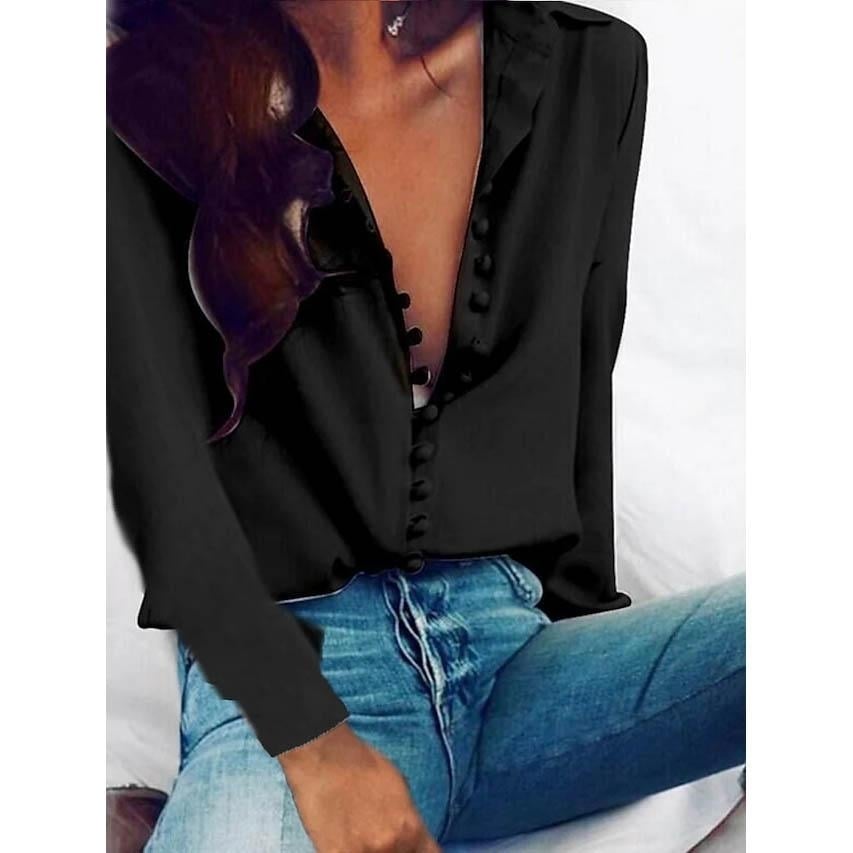 Womens Blouse Shirt Solid Colored Long Sleeve Button V Neck Basic Tops Image 4