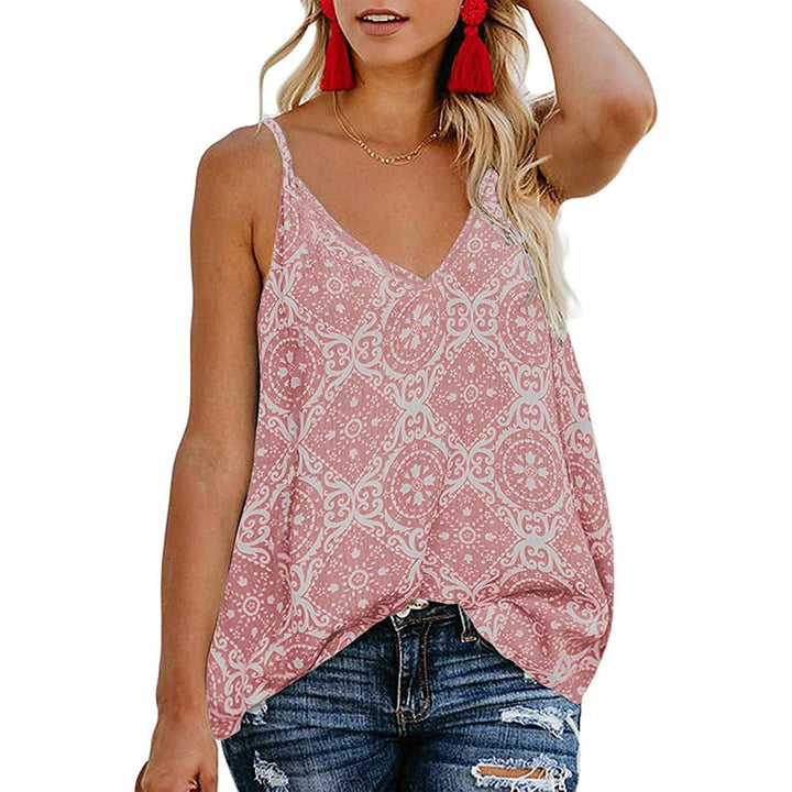 Womens Boho Floral V Neck Spaghetti Straps Tank Top Summer Sleeveless Shirts Blouse Image 1