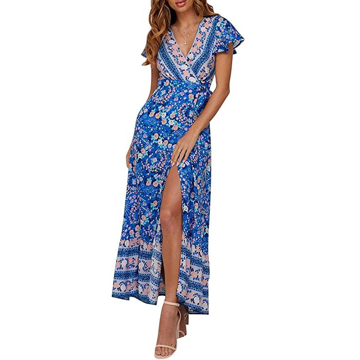 Womens Bohemian Floral Printed Wrap V Neck Maxi Dress Image 1