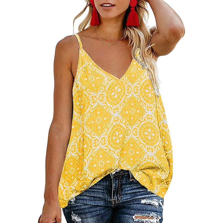 Womens Boho Floral V Neck Spaghetti Straps Tank Top Summer Sleeveless Shirts Blouse Image 2