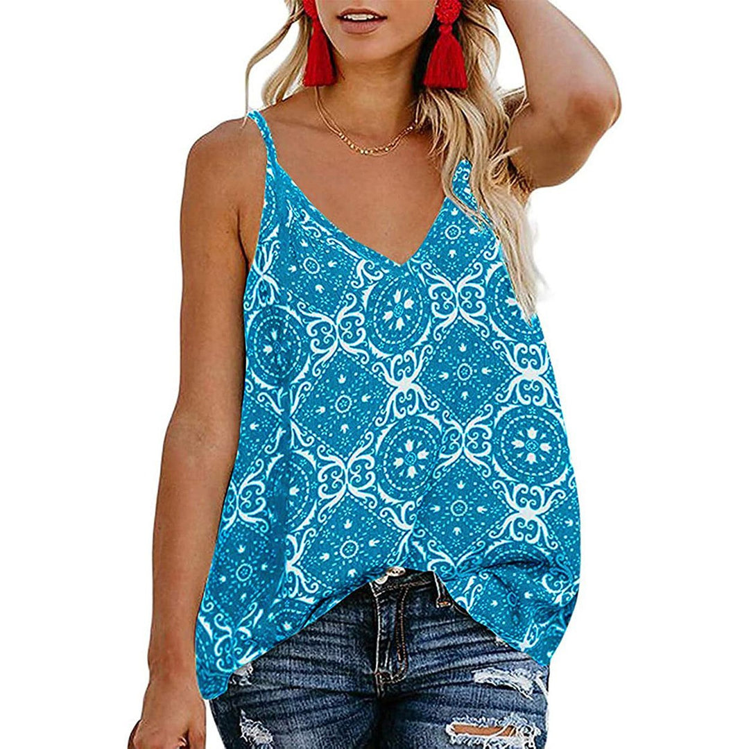 Womens Boho Floral V Neck Spaghetti Straps Tank Top Summer Sleeveless Shirts Blouse Image 4