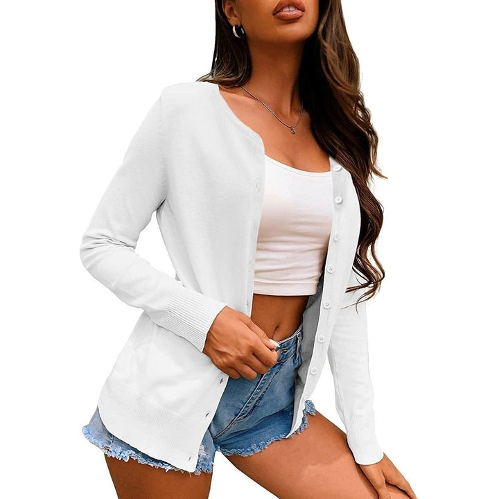 Womens Button Down Crew Neck Long Sleeve Soft Knit Cardigan Sweaters Image 1