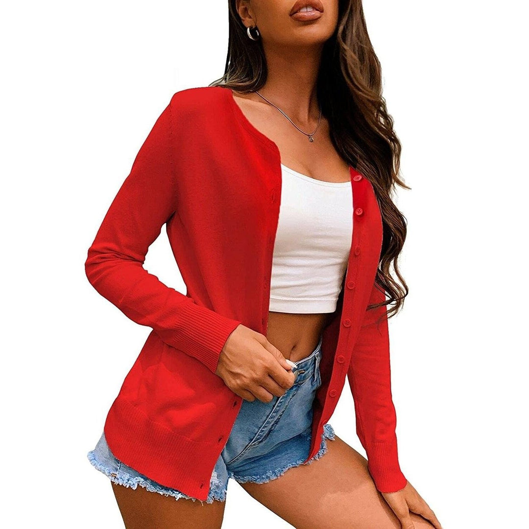 Womens Button Down Crew Neck Long Sleeve Soft Knit Cardigan Sweaters Image 3