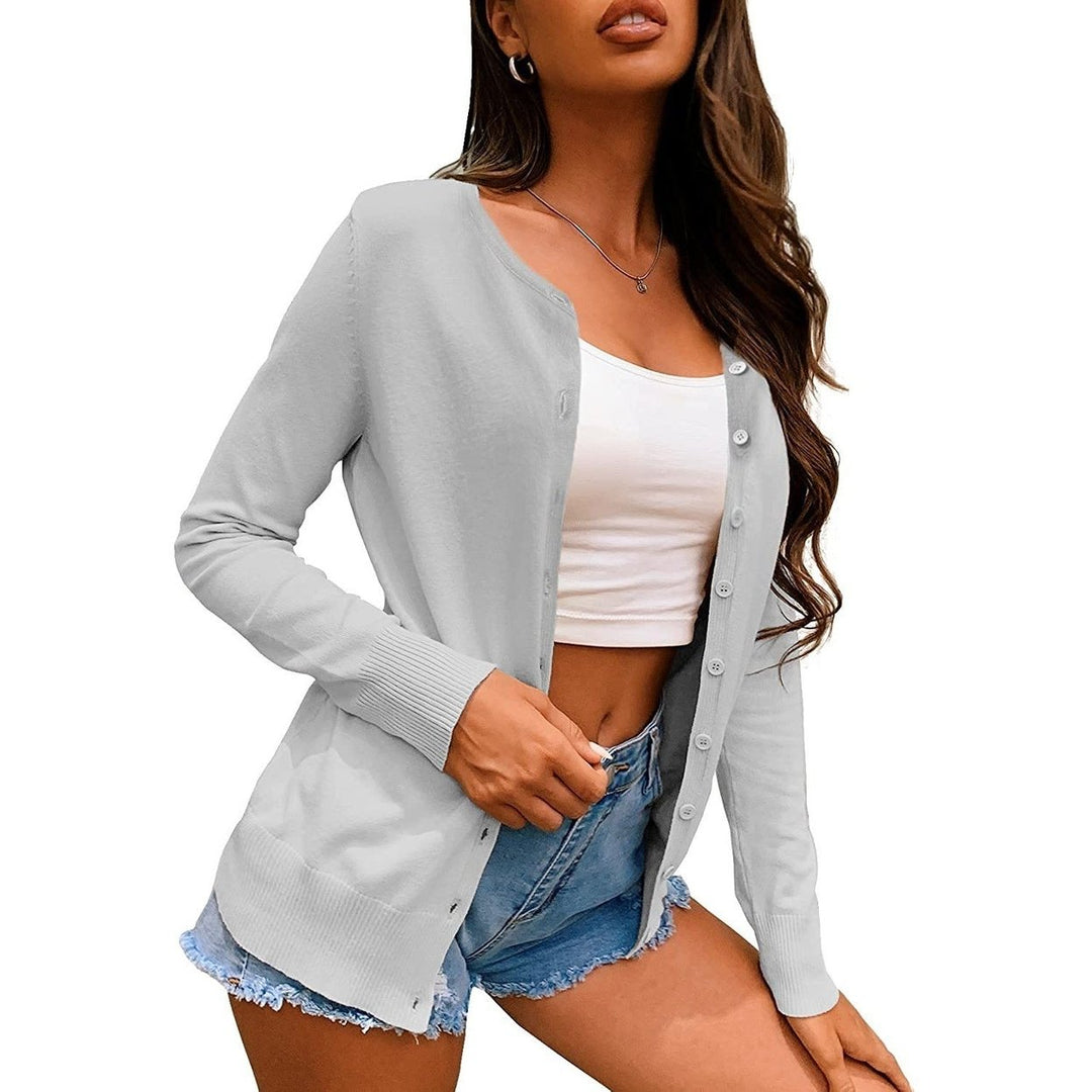 Womens Button Down Crew Neck Long Sleeve Soft Knit Cardigan Sweaters Image 4