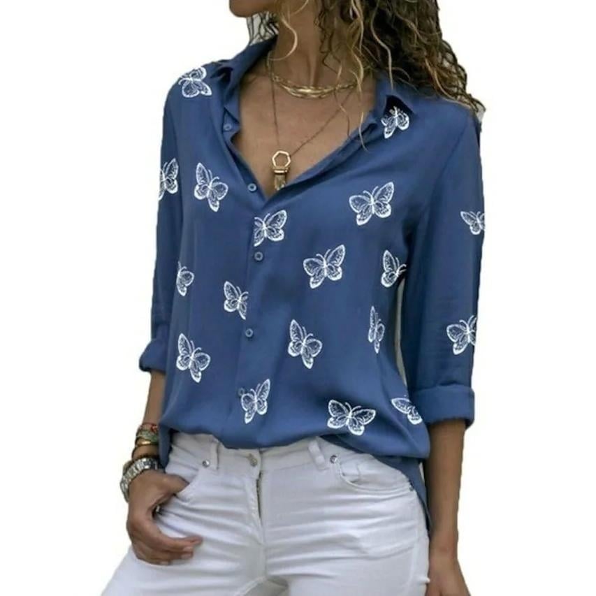 Womens Butterfly Long Sleeve Print Shirt Collar Basic Tops Image 1