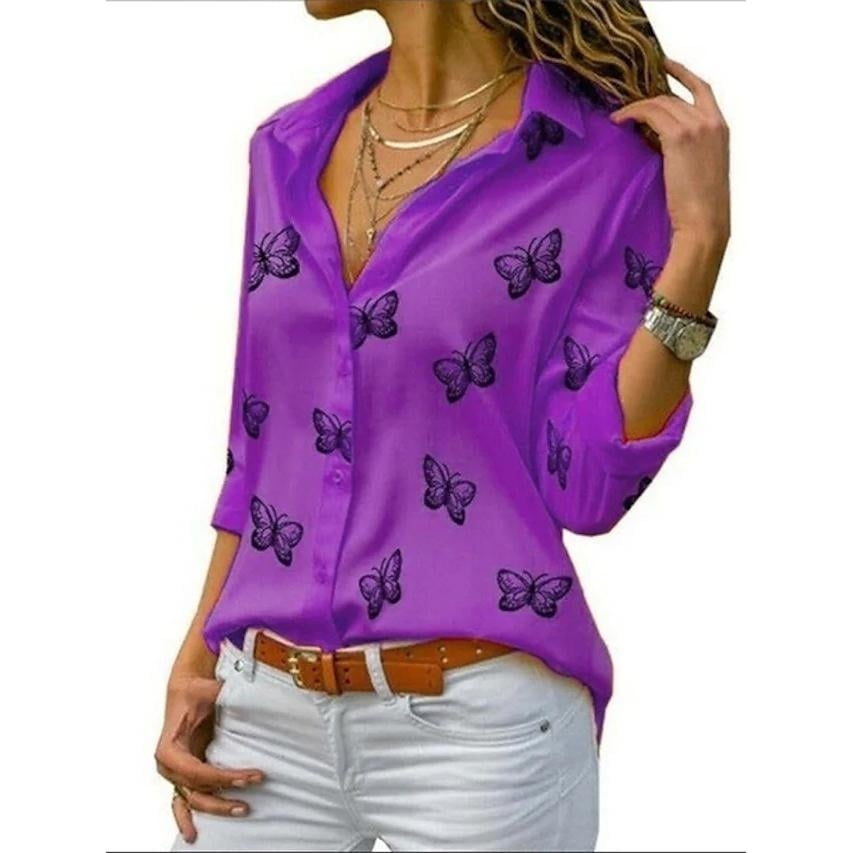 Womens Butterfly Long Sleeve Print Shirt Collar Basic Tops Image 2