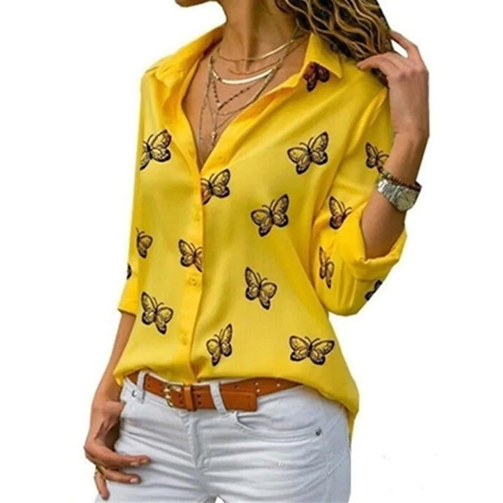 Womens Butterfly Long Sleeve Print Shirt Collar Basic Tops Image 3