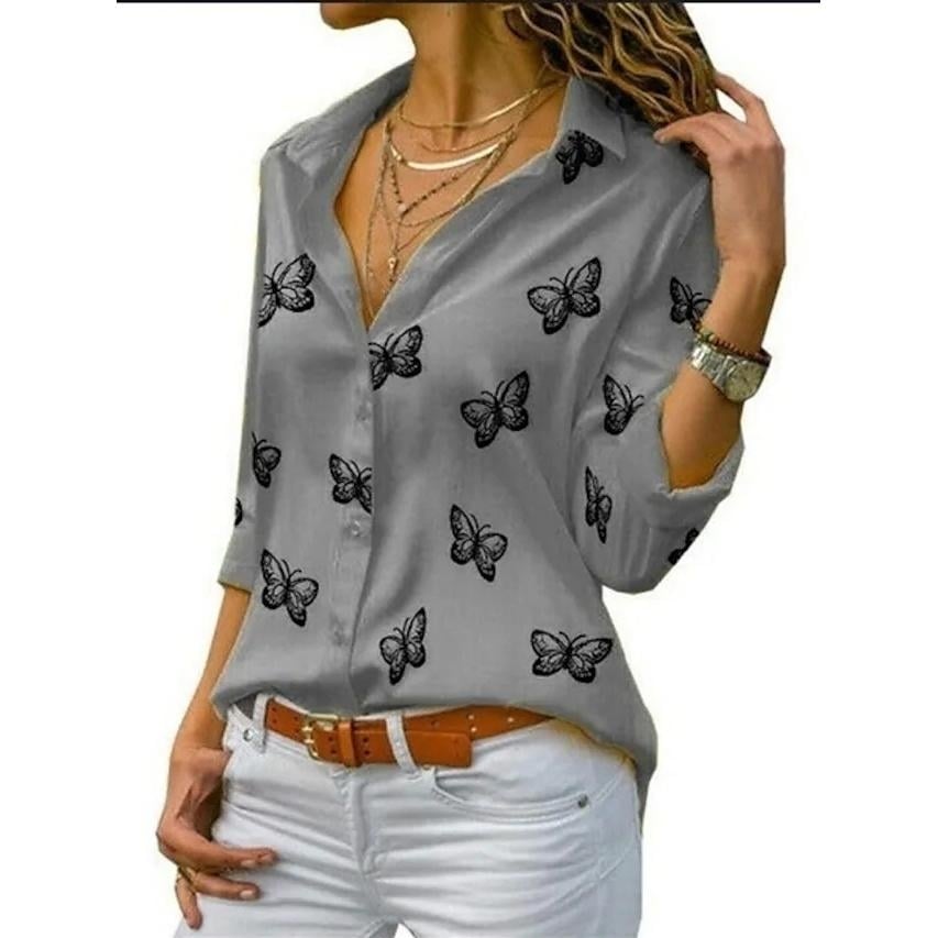 Womens Butterfly Long Sleeve Print Shirt Collar Basic Tops Image 4