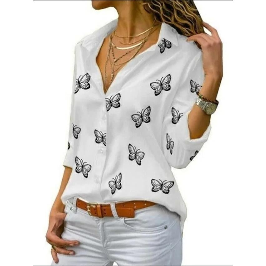 Womens Butterfly Long Sleeve Print Shirt Collar Basic Tops Image 4