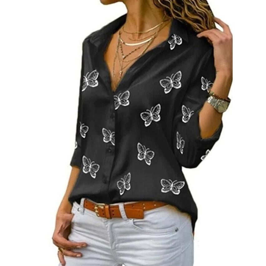 Womens Butterfly Long Sleeve Print Shirt Collar Basic Tops Image 6