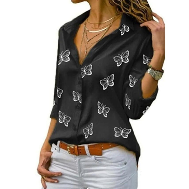 Womens Butterfly Long Sleeve Print Shirt Collar Basic Tops Image 1