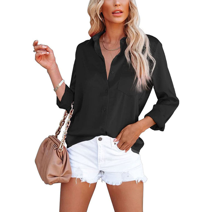 Womens Button Down Shirts Satin V Neck Long Sleeve Image 1