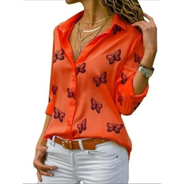 Womens Butterfly Long Sleeve Print Shirt Collar Basic Tops Image 7