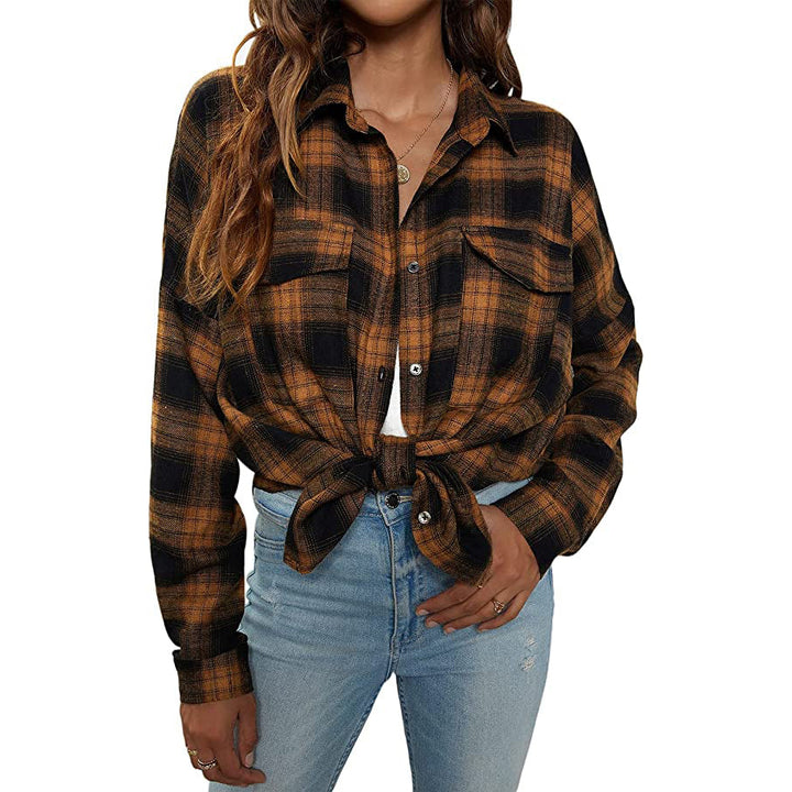 Womens Button Flannel Shirt Plaid Long Sleeve Top Image 1