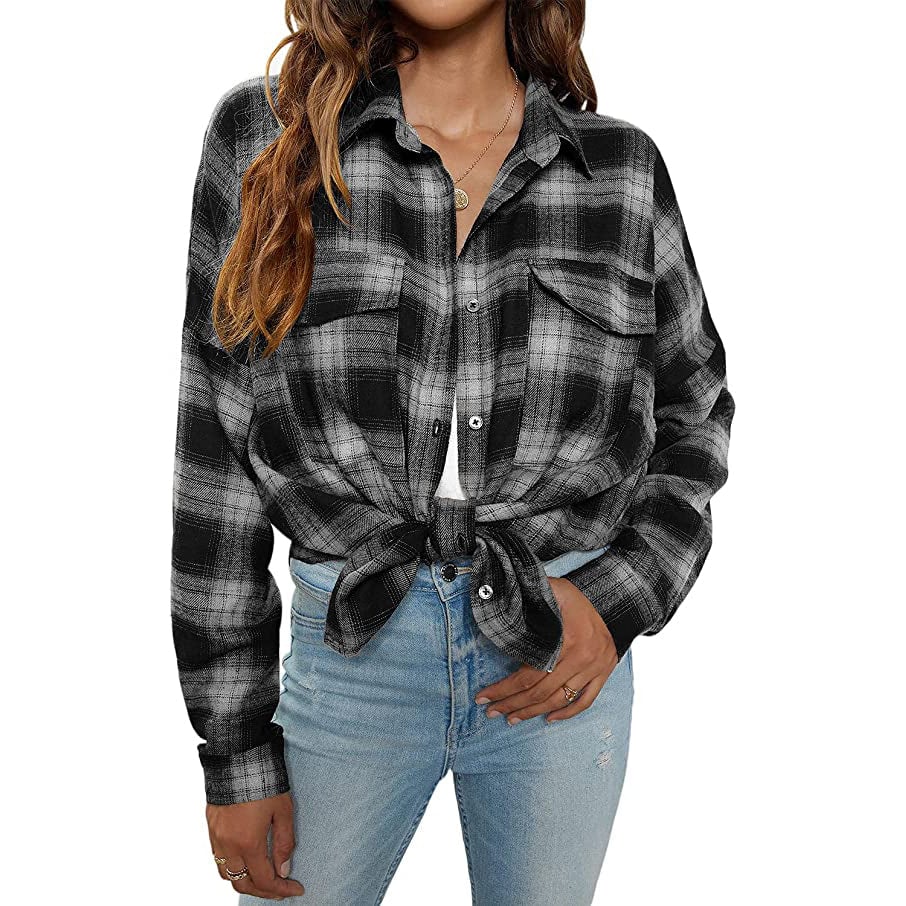 Womens Button Flannel Shirt Plaid Long Sleeve Top Image 2