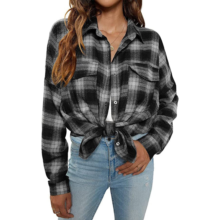 Womens Button Flannel Shirt Plaid Long Sleeve Top Image 1