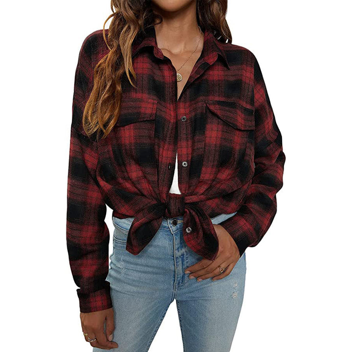 Womens Button Flannel Shirt Plaid Long Sleeve Top Image 3