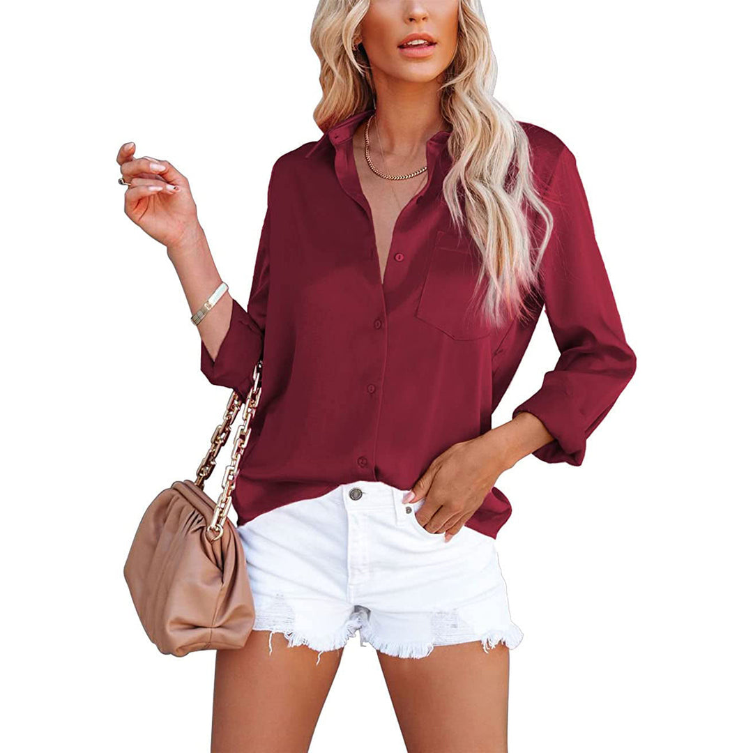 Womens Button Down Shirts Satin V Neck Long Sleeve Image 4