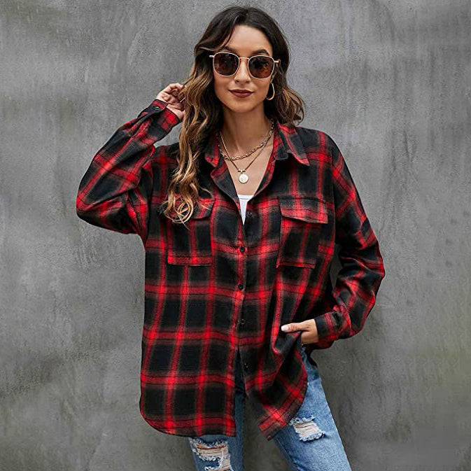 Womens Button Flannel Shirt Plaid Long Sleeve Top Image 4