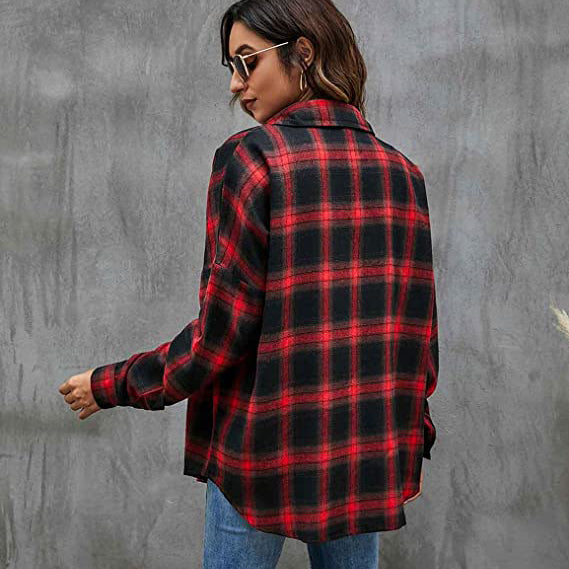 Womens Button Flannel Shirt Plaid Long Sleeve Top Image 4