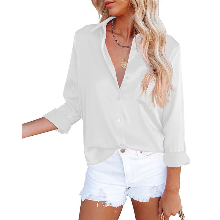 Womens Button Down Shirts Satin V Neck Long Sleeve Image 8