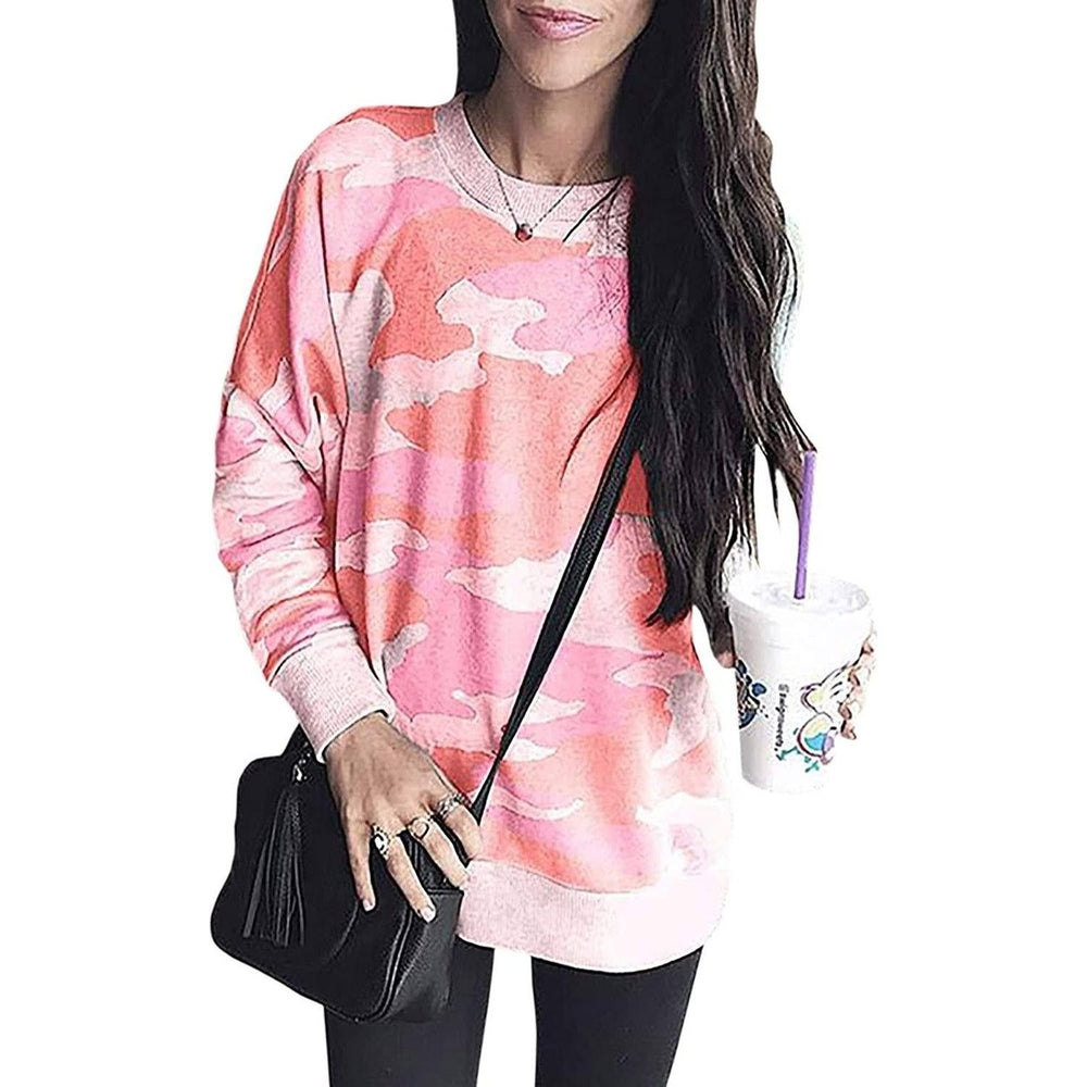 Womens Camouflage Print Casual Leopard Pullover Long Sleeve Sweatshirts Image 2