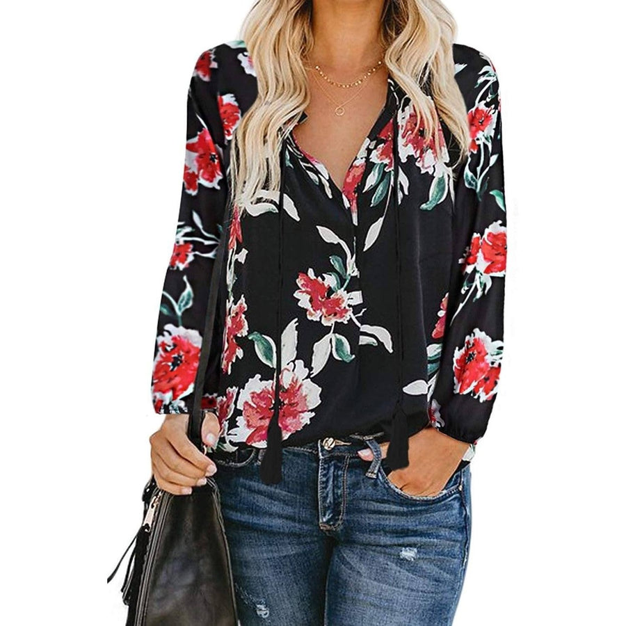 Womens Casual Boho Floral Print V Neck Long Sleeve Shirts Tops Image 1