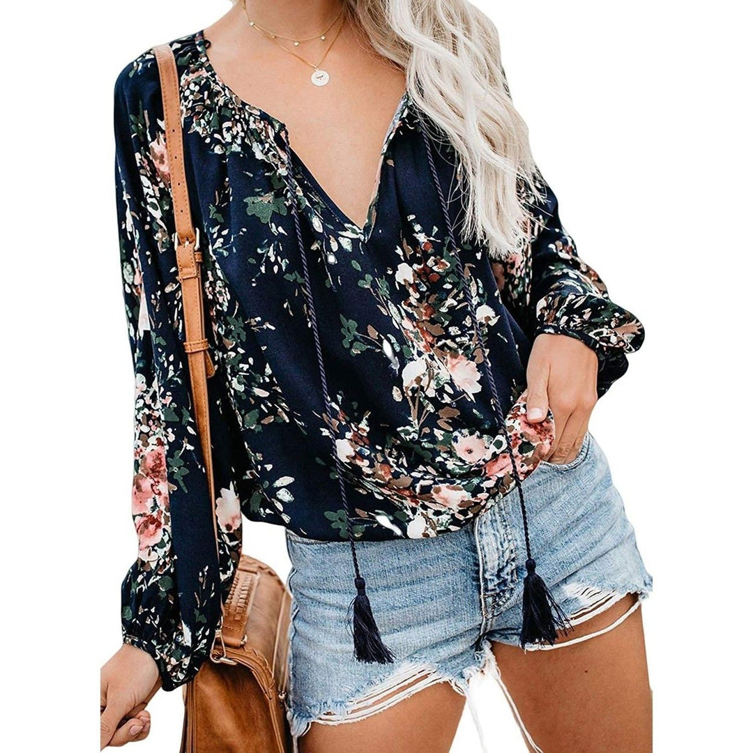 Womens Casual Boho Floral Print V Neck Long Sleeve Shirts Tops Image 3