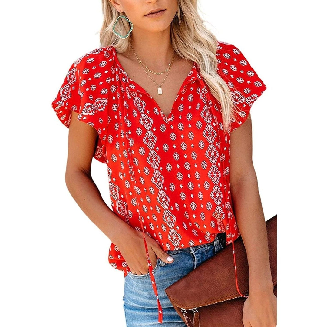 Womens Casual Boho Floral Printed V Neck Tops Drawstring Blouse Image 3