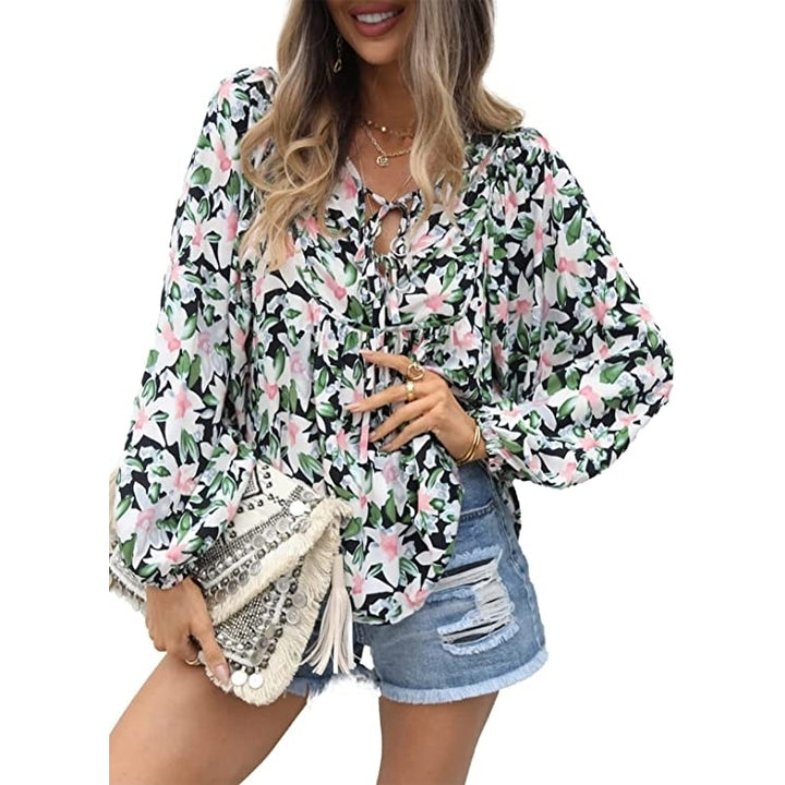 Womens Casual Boho Floral Print V Neck Long Sleeve Top Image 1