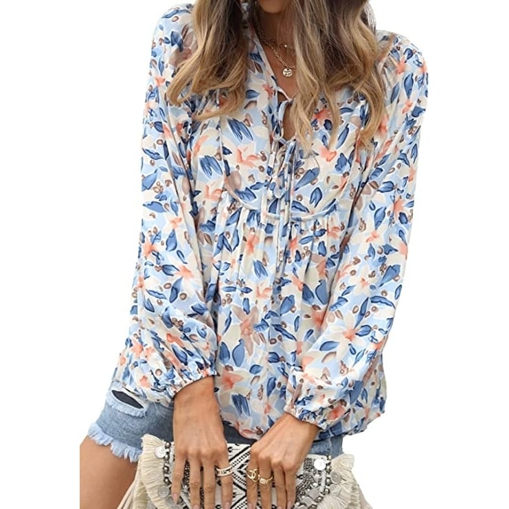 Womens Casual Boho Floral Print V Neck Long Sleeve Top Image 2