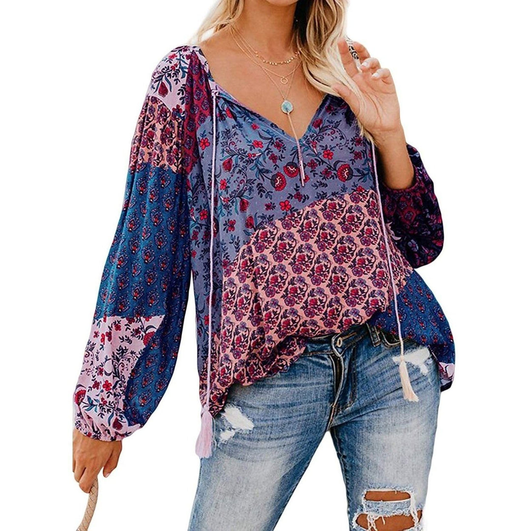 Womens Casual Boho Floral Print V Neck Long Sleeve Shirts Tops Image 4