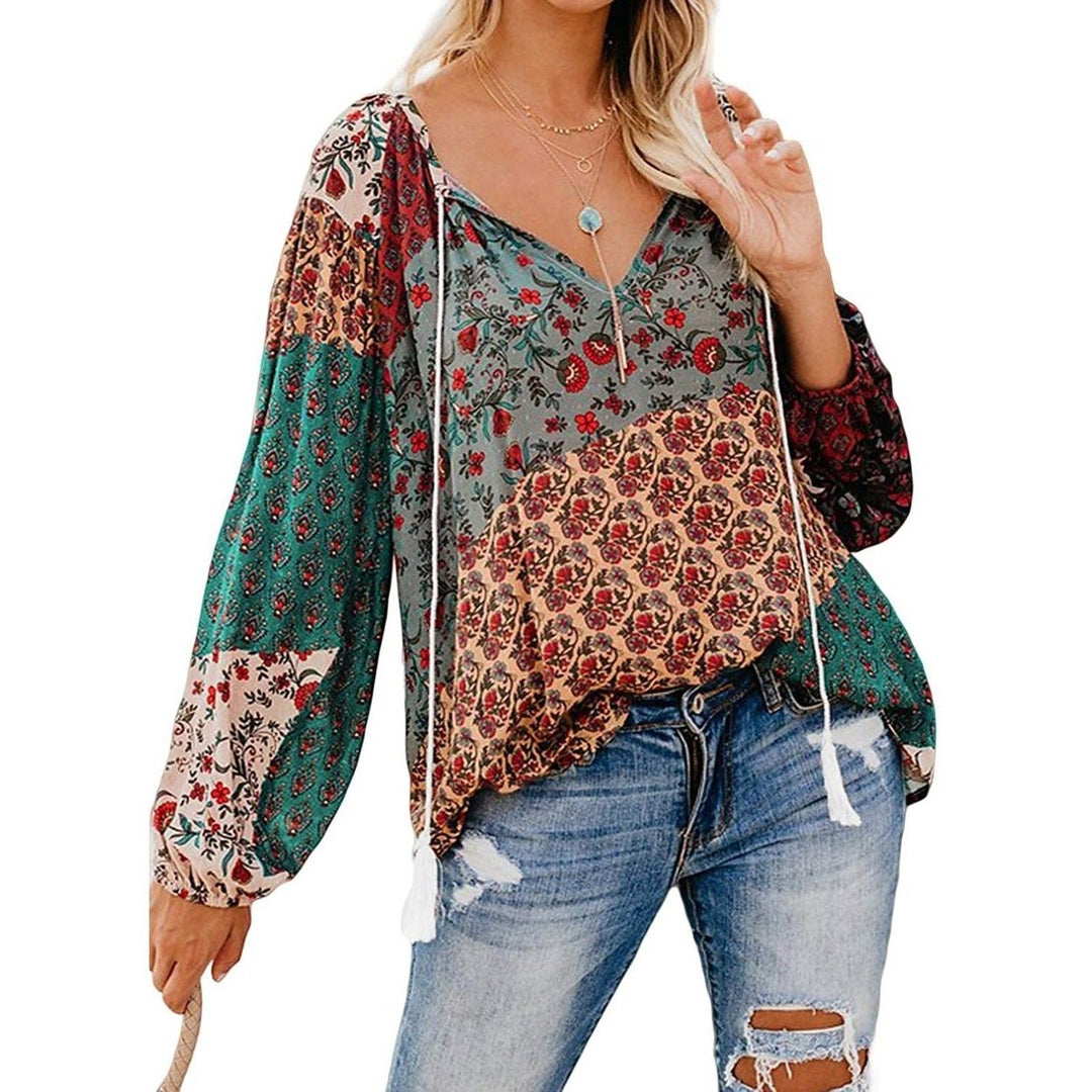 Womens Casual Boho Floral Print V Neck Long Sleeve Shirts Tops Image 4