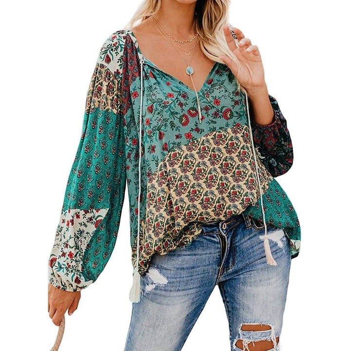 Womens Casual Boho Floral Print V Neck Long Sleeve Shirts Tops Image 6