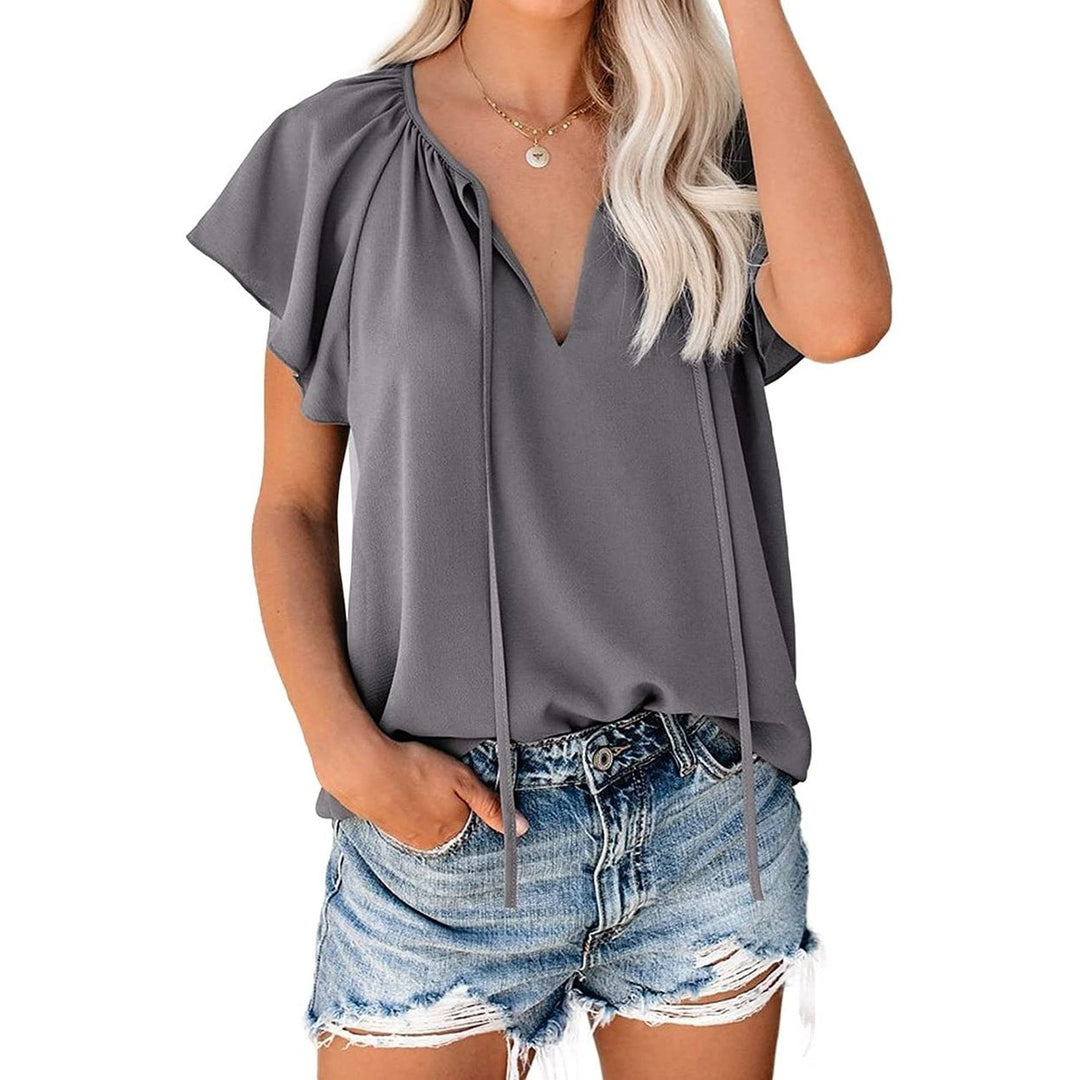 Womens Casual Boho V Neck Tops Drawstring T Shirt Image 3