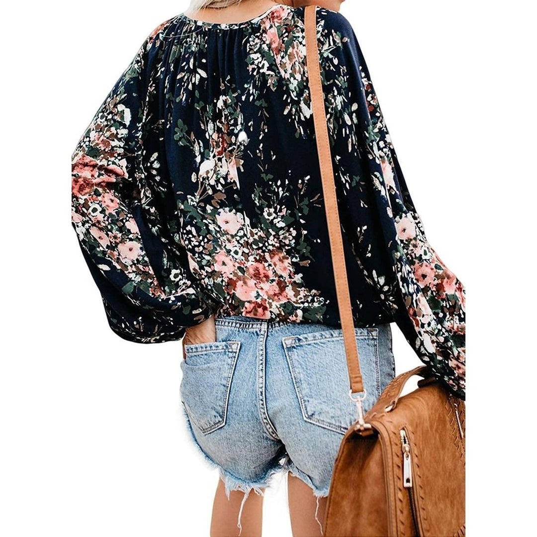 Womens Casual Boho Floral Print V Neck Long Sleeve Shirts Tops Image 11