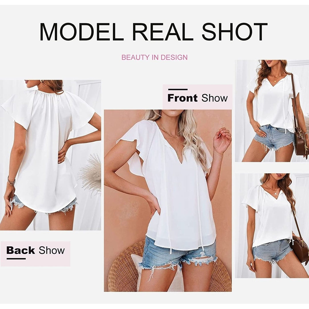 Womens Casual Boho V Neck Tops Drawstring T Shirt Image 9