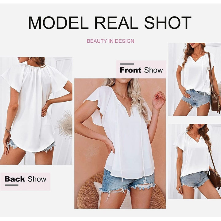 Womens Casual Boho V Neck Tops Drawstring T Shirt Image 9