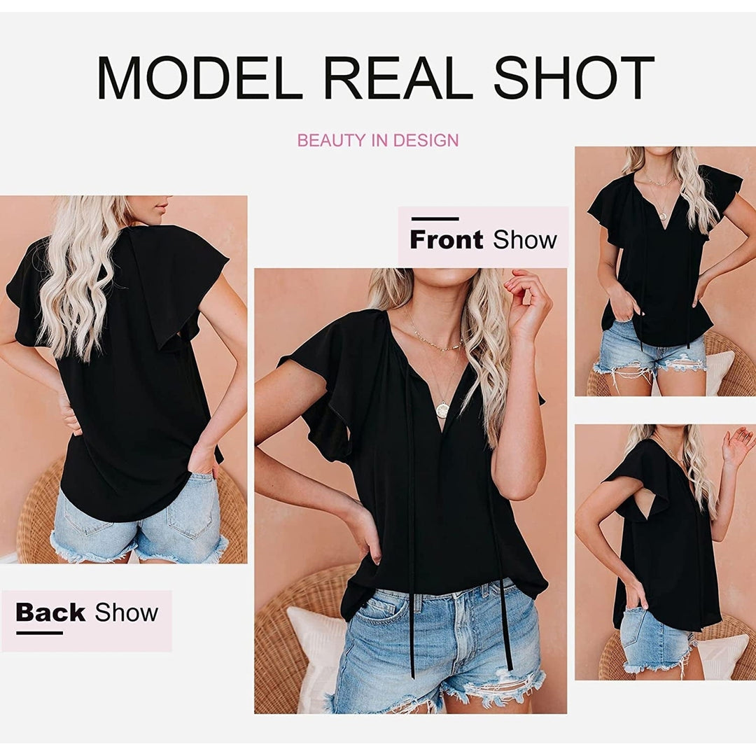 Womens Casual Boho V Neck Tops Drawstring T Shirt Image 12