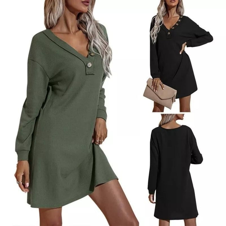 Womens Casual Dresses V-Neck Buttoned Hip Knitted Dresses Image 1