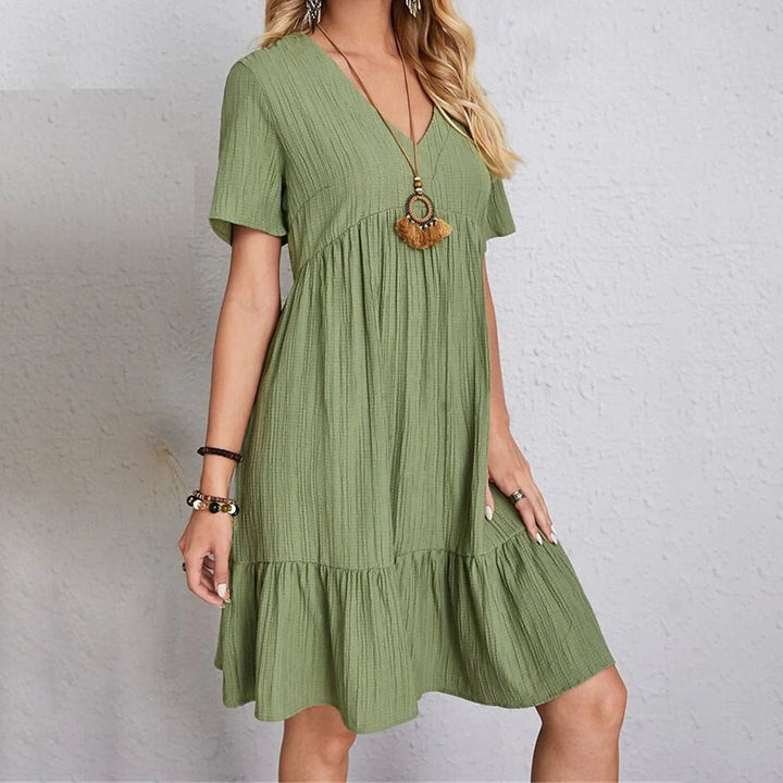 Womens Casual Dress Ruffle V Neck Midi Shift Dress Image 3