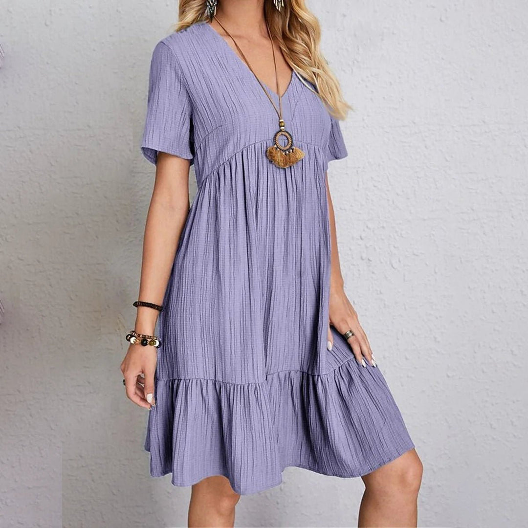 Womens Casual Dress Ruffle V Neck Midi Shift Dress Image 4